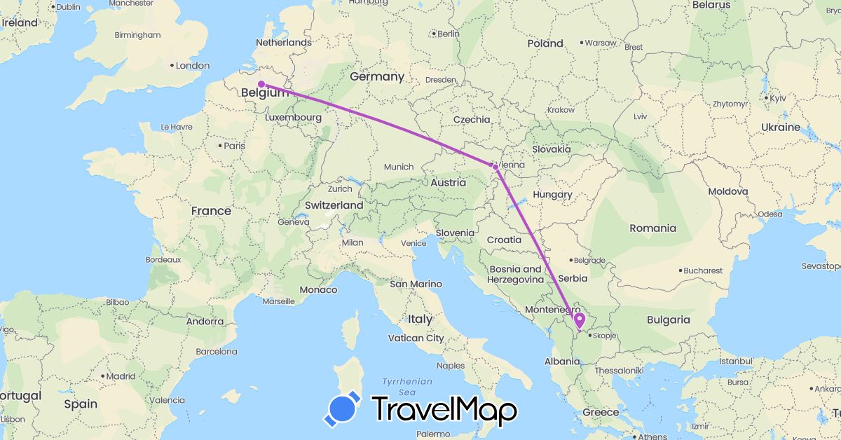TravelMap itinerary: driving, train in Austria, Belgium, Kosovo (Europe)